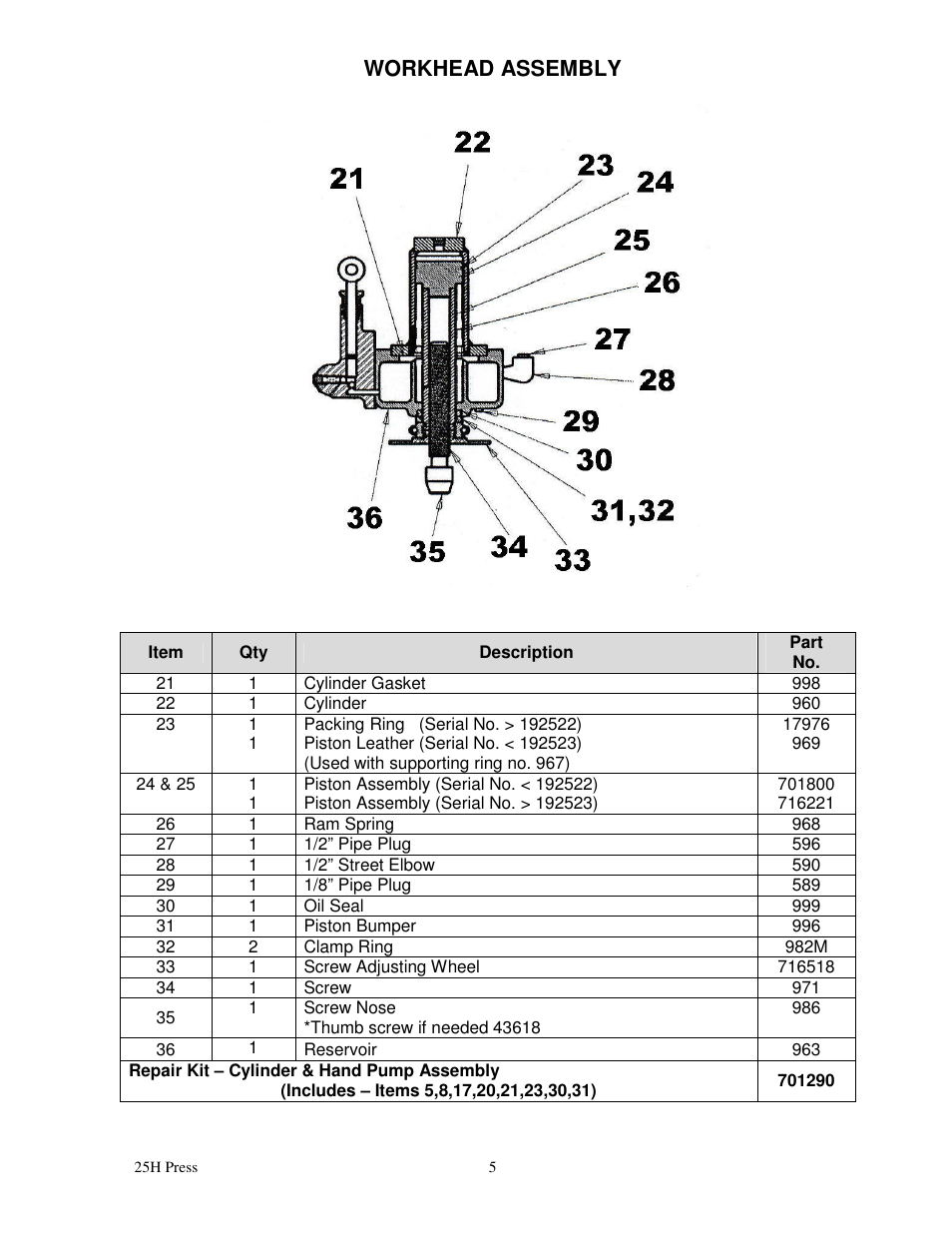 Workhead assembly | Dake Model 25H - 907001 User Manual | Page 5 / 6