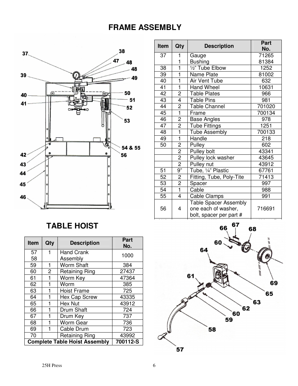 Table hoist, Frame assembly | Dake Model 25H - 907001 User Manual | Page 6 / 6
