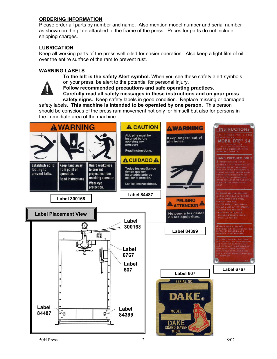 Dake Model 50H - 907002 User Manual | Page 2 / 6