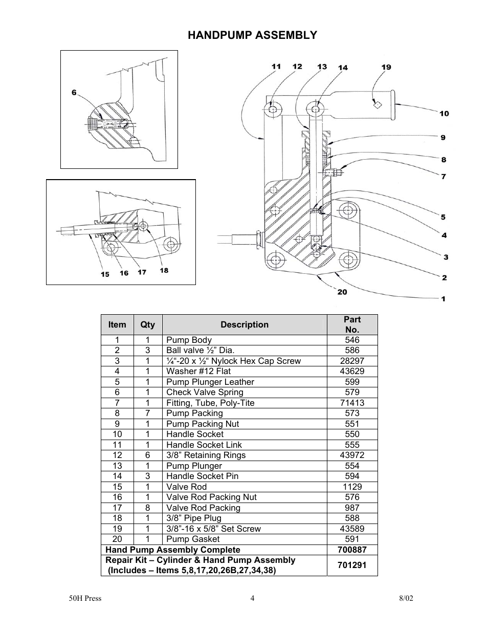 Handpump assembly | Dake Model 50H - 907002 User Manual | Page 4 / 6