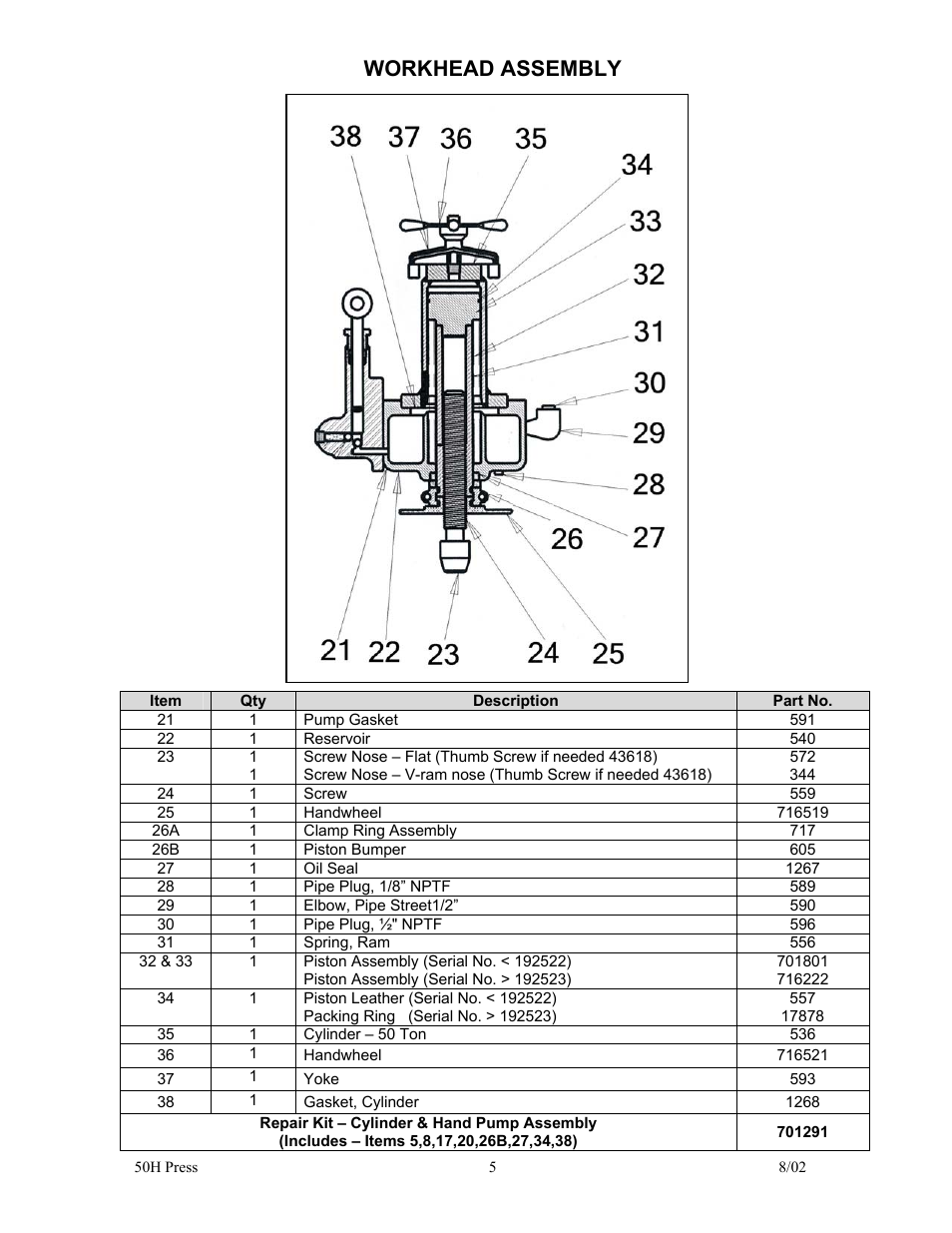 Workhead assembly | Dake Model 50H - 907002 User Manual | Page 5 / 6