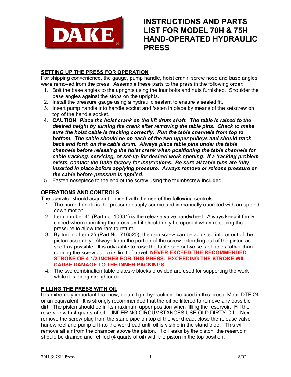 Dake Model 75H - 907003 User Manual | 6 pages