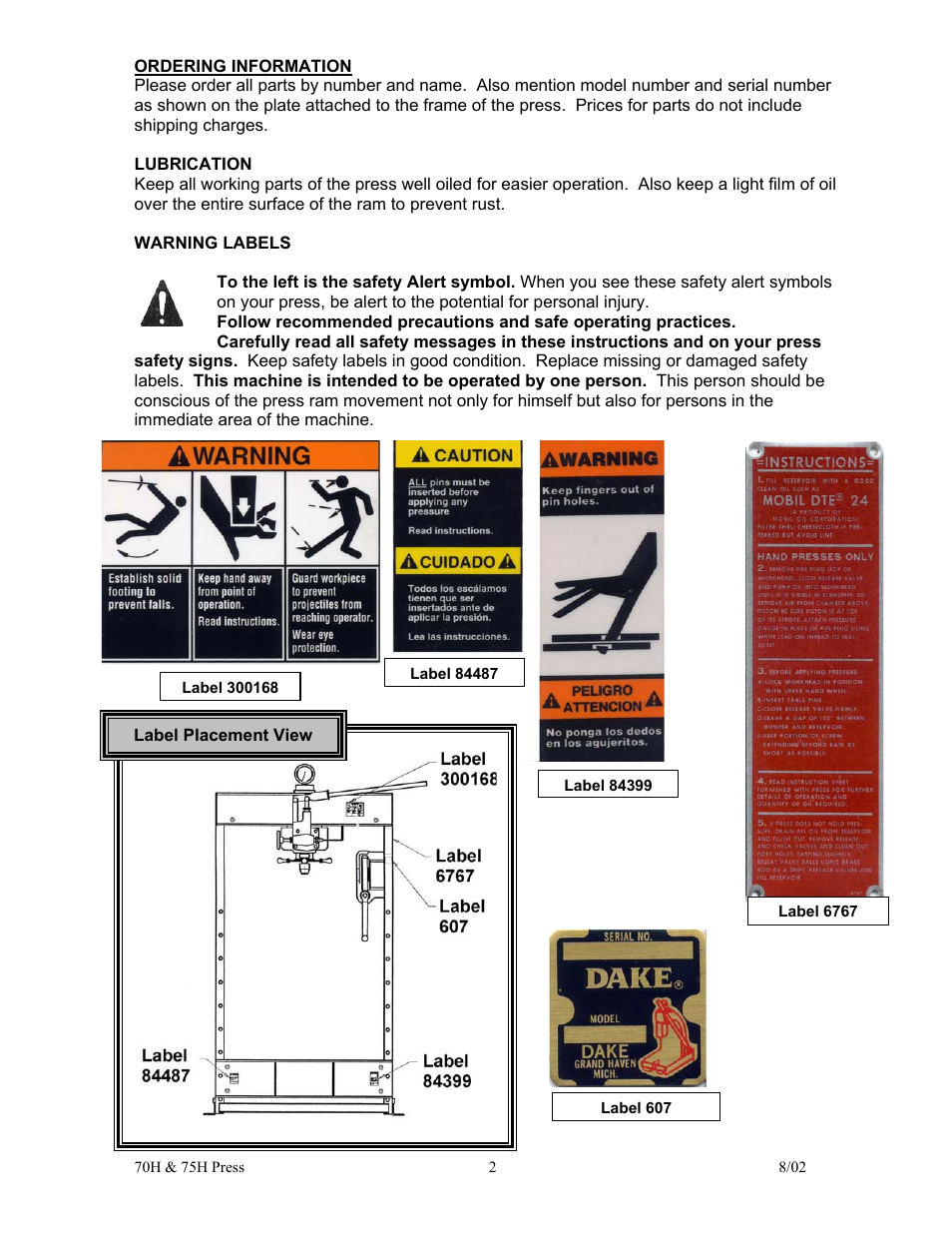 Dake Model 75H - 907003 User Manual | Page 2 / 6