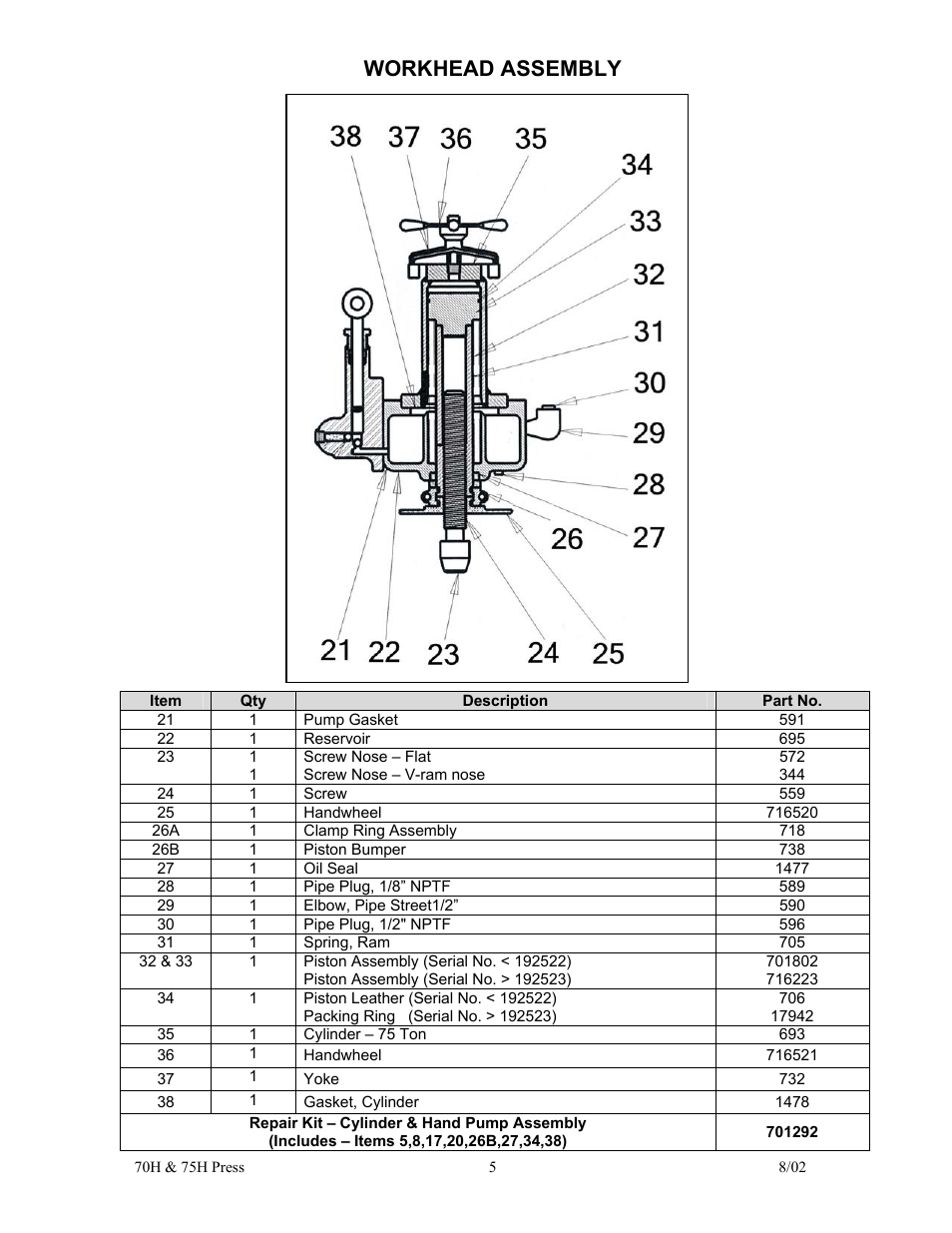 Workhead assembly | Dake Model 75H - 907003 User Manual | Page 5 / 6