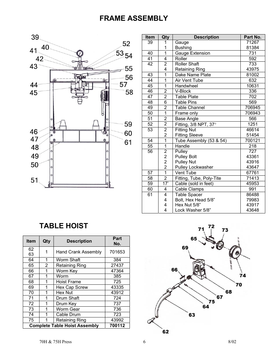 Table hoist, Frame assembly | Dake Model 75H - 907003 User Manual | Page 6 / 6