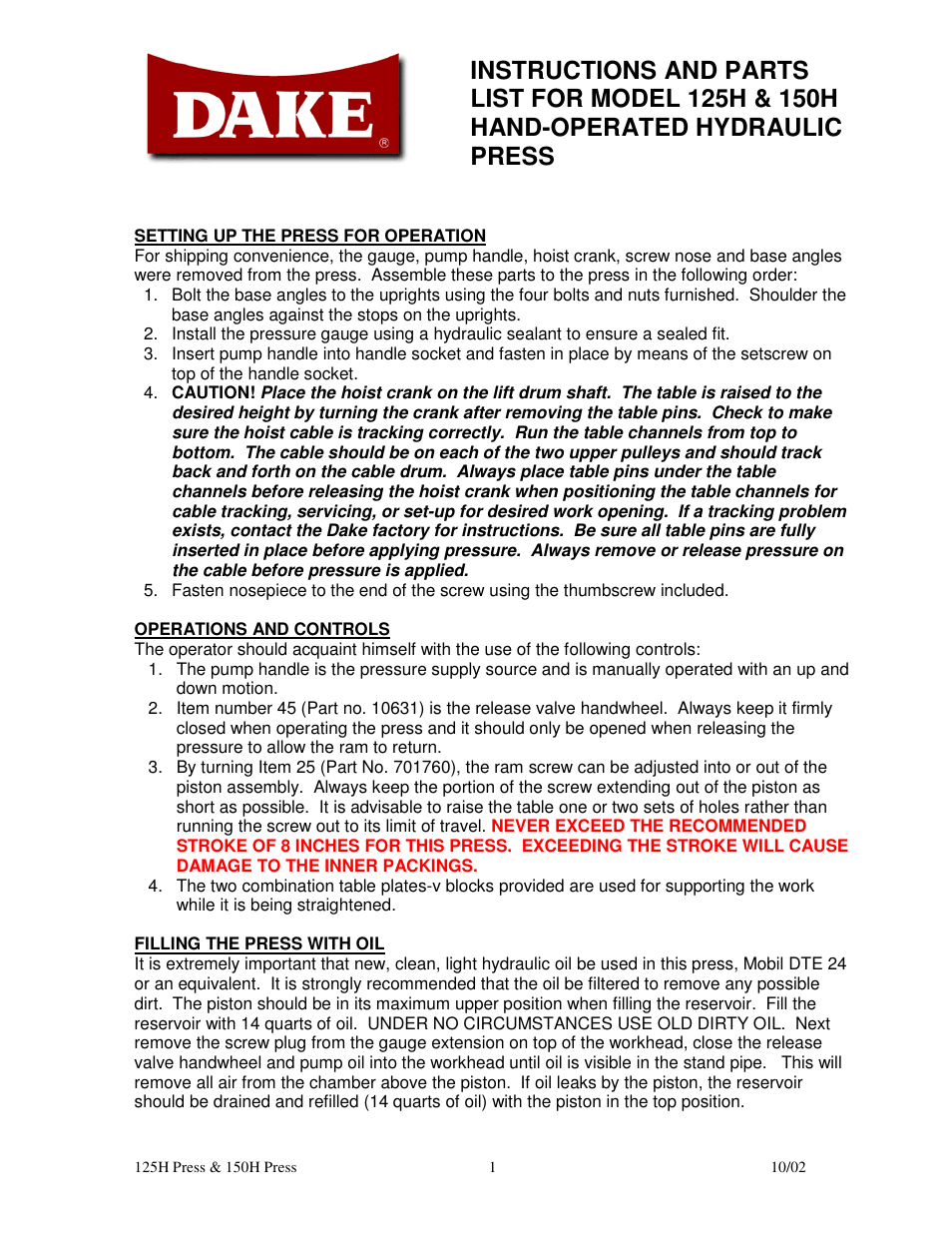 Dake Model 150H - 907004 User Manual | 6 pages