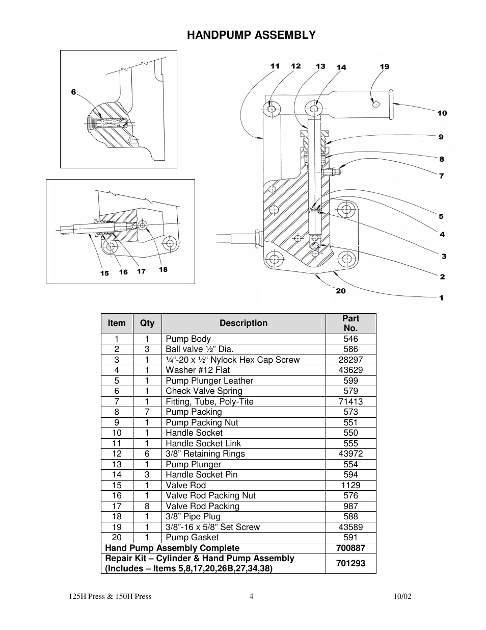 Handpump assembly | Dake Model 150H - 907004 User Manual | Page 4 / 6