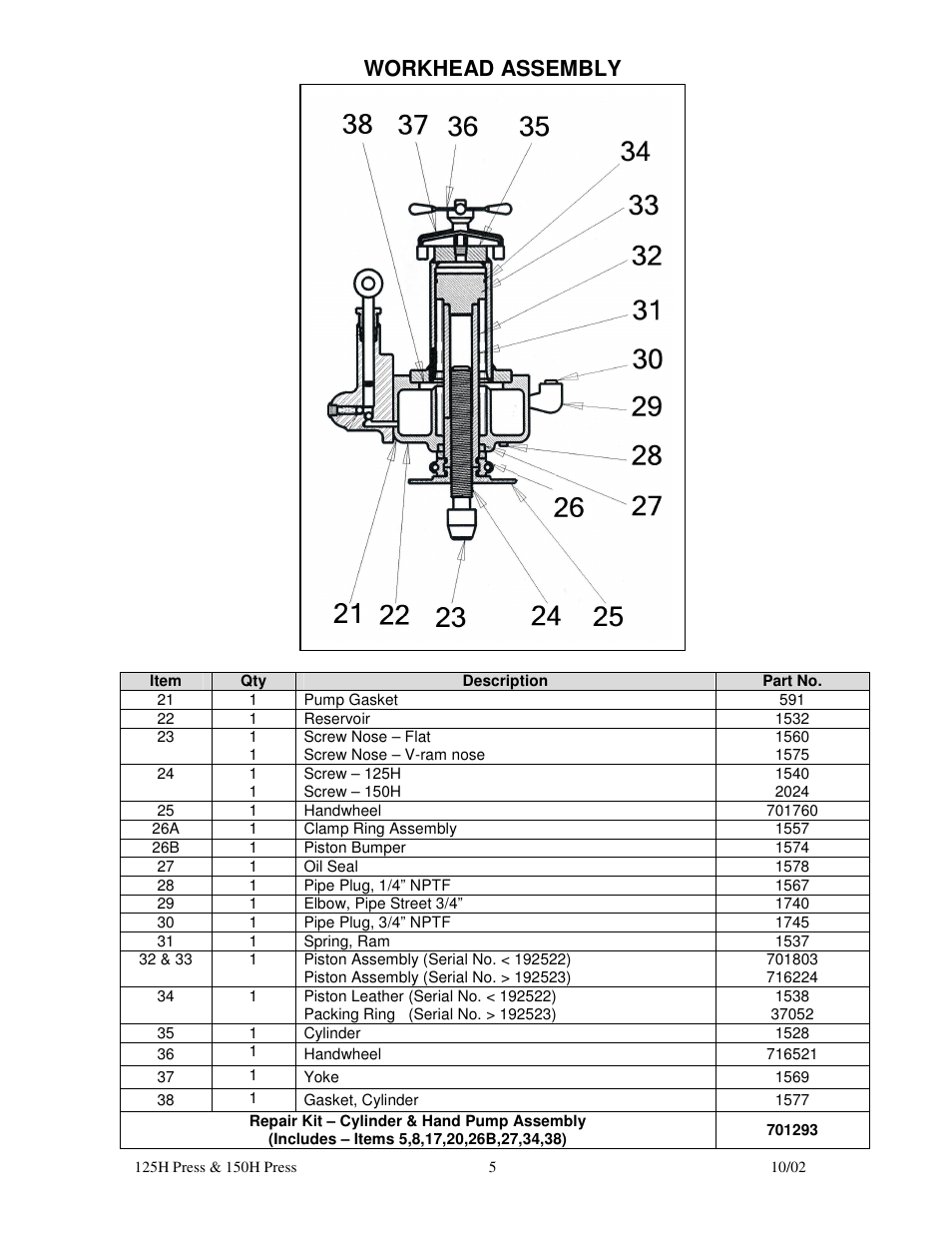 Workhead assembly | Dake Model 150H - 907004 User Manual | Page 5 / 6