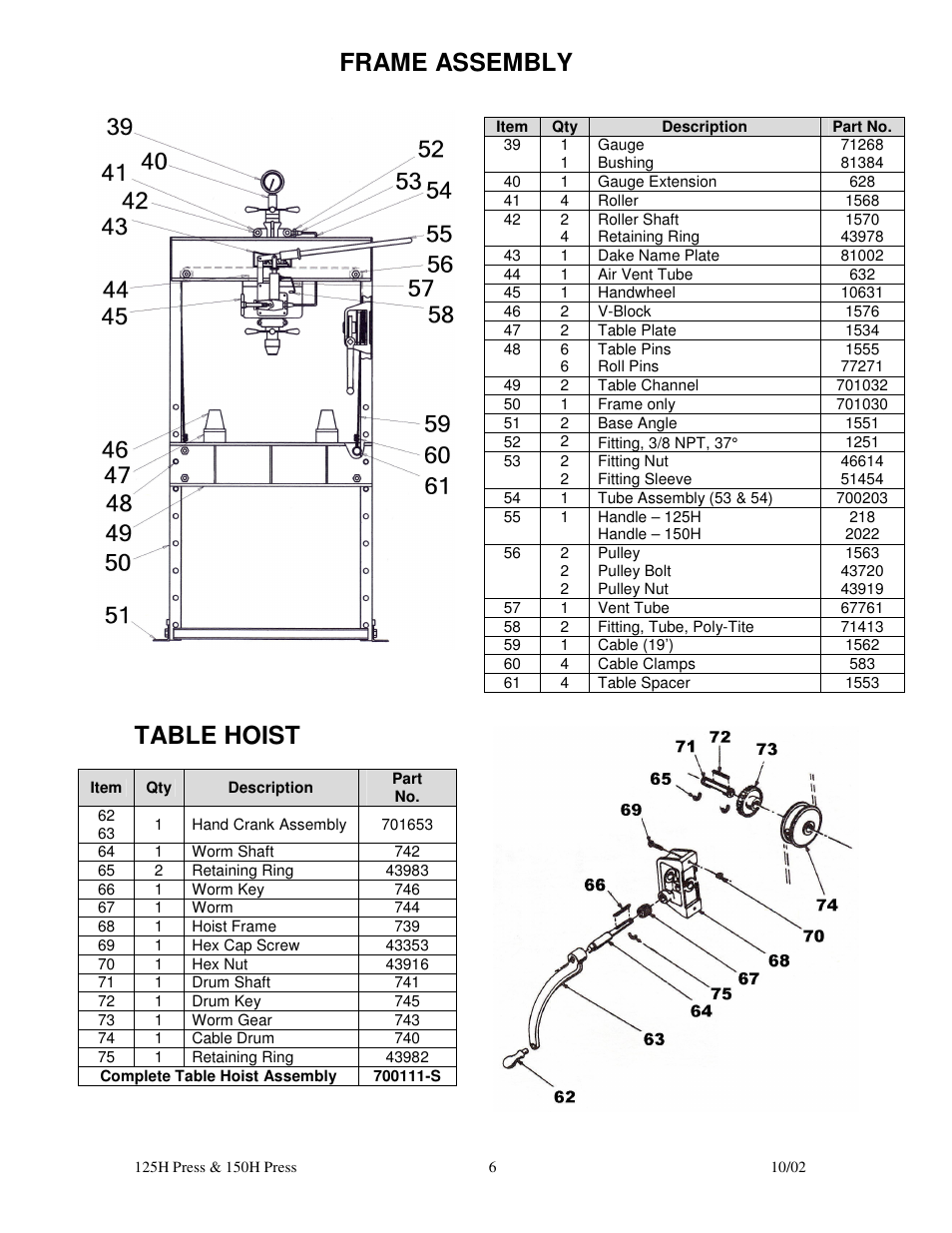 Table hoist, Frame assembly | Dake Model 150H - 907004 User Manual | Page 6 / 6