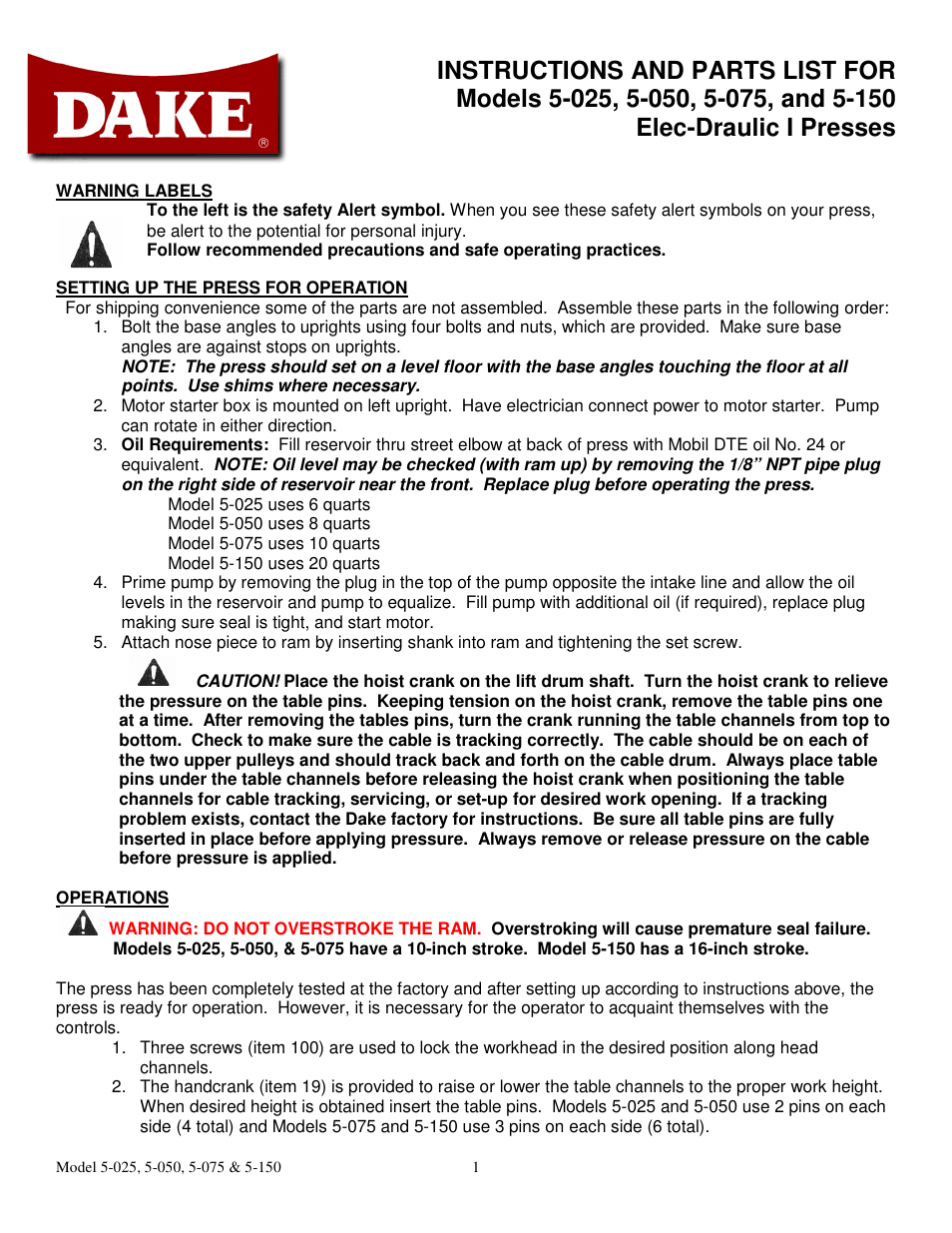 Dake Elecdraulic - 905 series User Manual | 15 pages