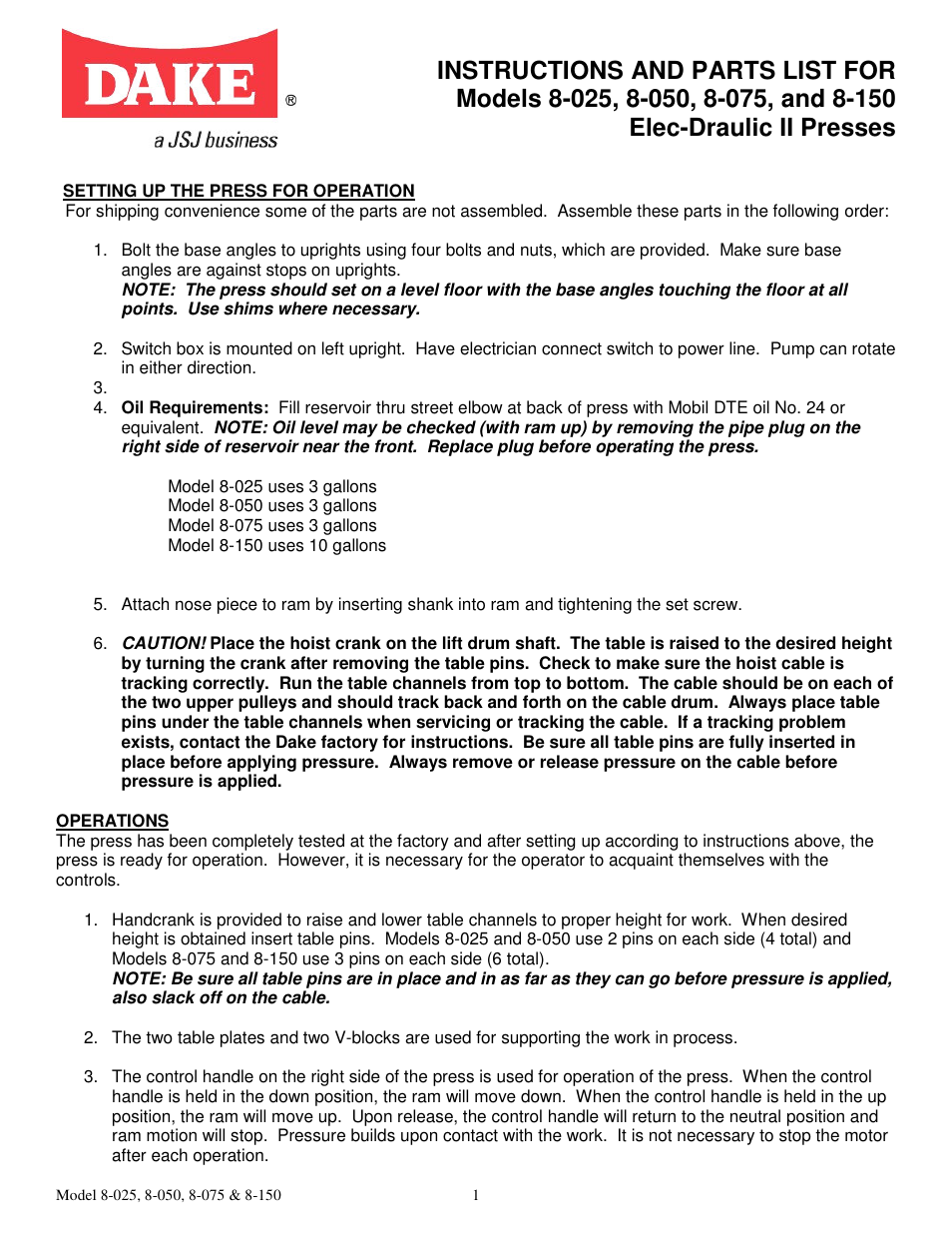 Dake Elecdraulic II - 908 series User Manual | 13 pages