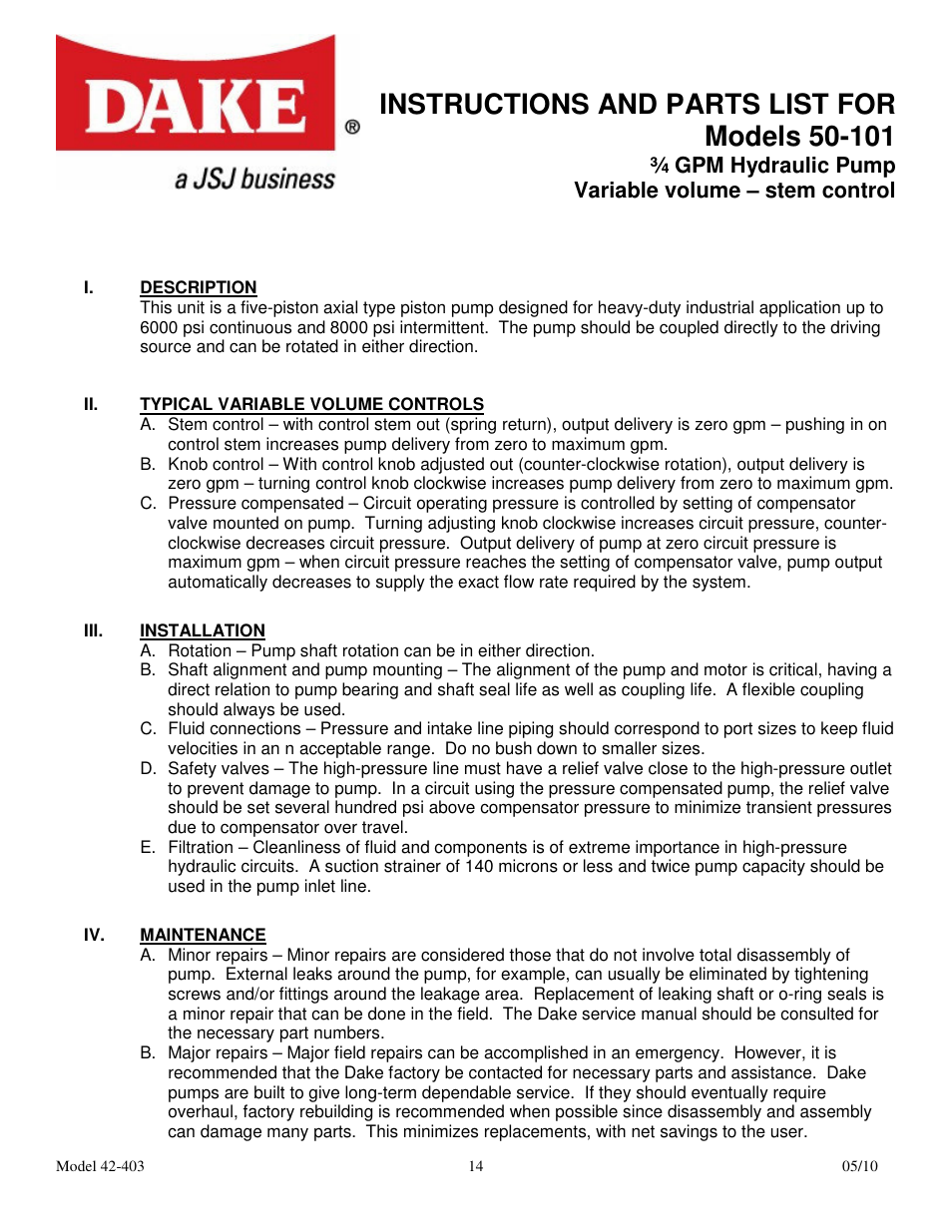 Gpm hydraulic pump variable volume – stem control | Dake Movable Table - Elecdraulic I /42 series 400's User Manual | Page 14 / 19