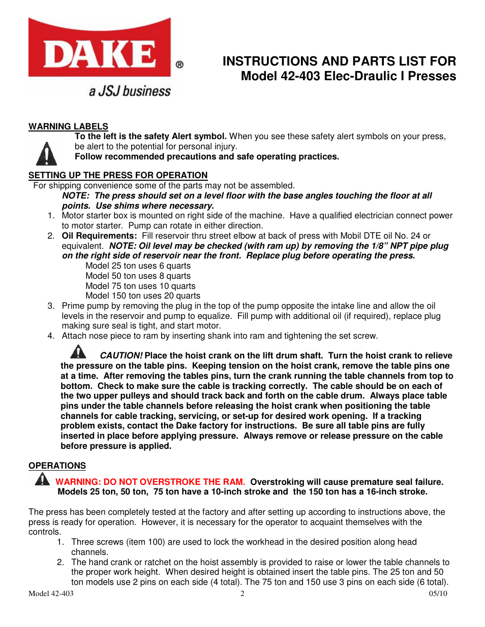 Dake Movable Table - Elecdraulic I /42 series 400's User Manual | Page 2 / 19