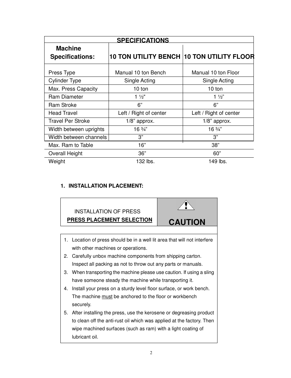 Caution | Dake Utility - Bench User Manual | Page 3 / 15