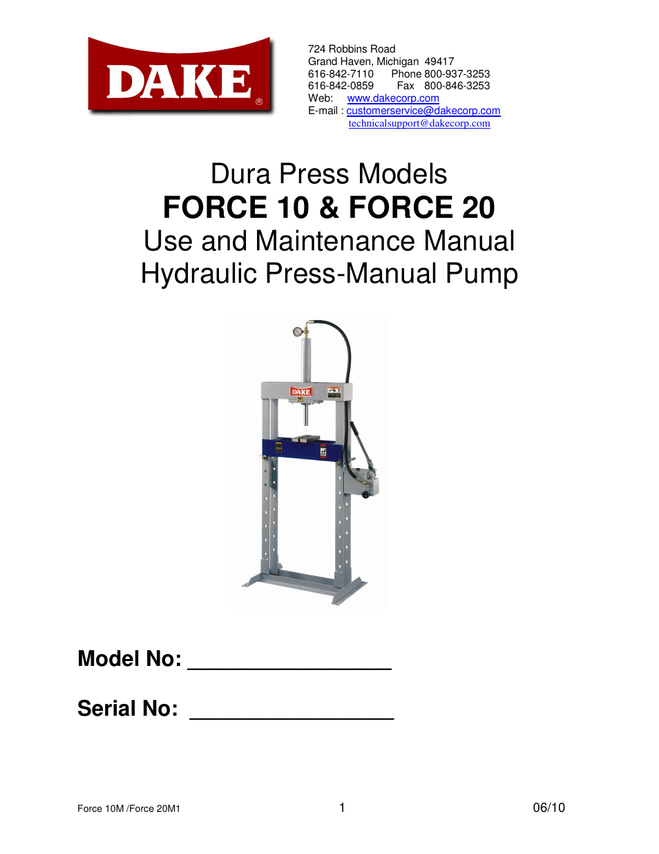 Dake Dura Press Force - 10/20 User Manual | 22 pages