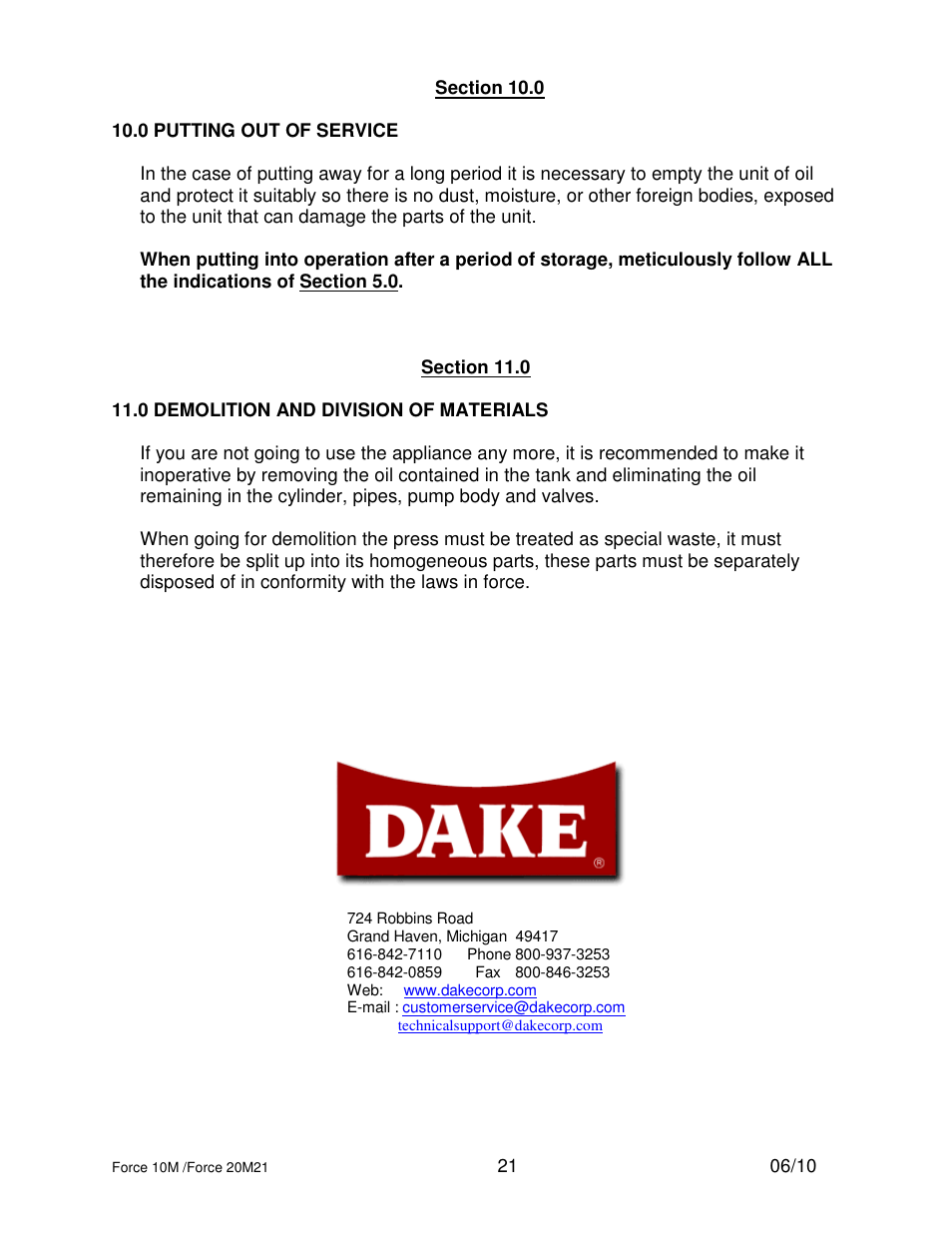 Dake Dura Press Force - 10/20 User Manual | Page 21 / 22
