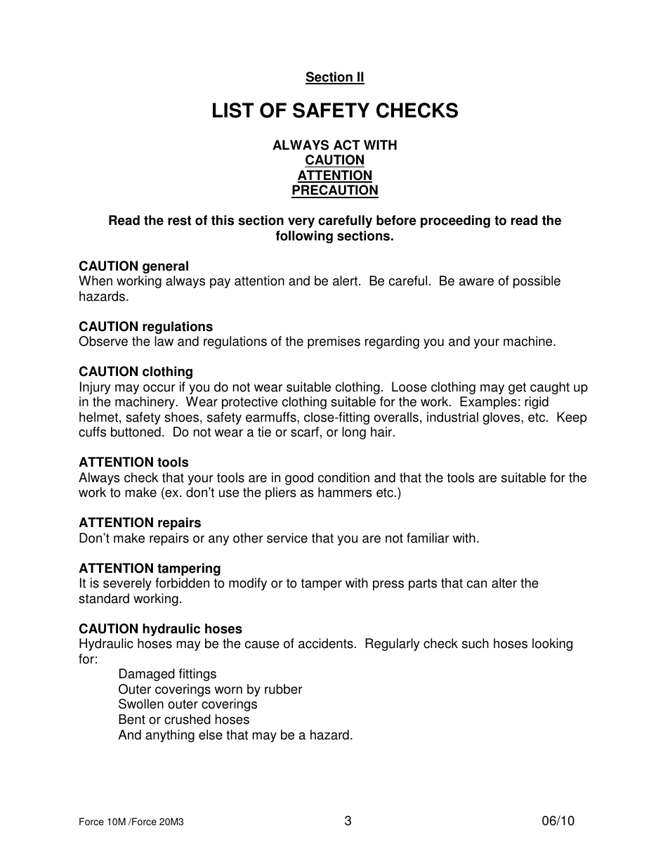 List of safety checks | Dake Dura Press Force - 10/20 User Manual | Page 3 / 22