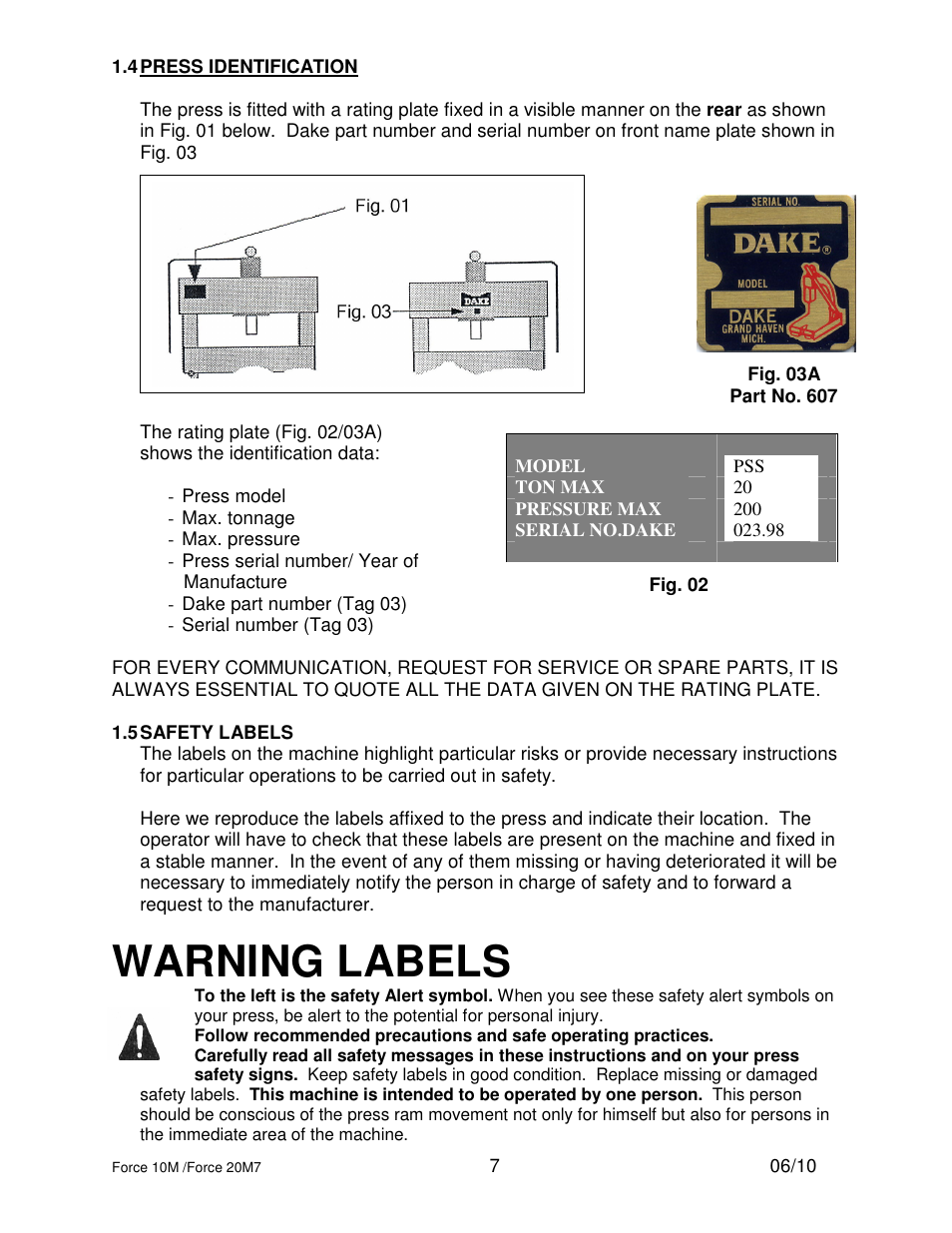 Warning labels | Dake Dura Press Force - 10/20 User Manual | Page 7 / 22