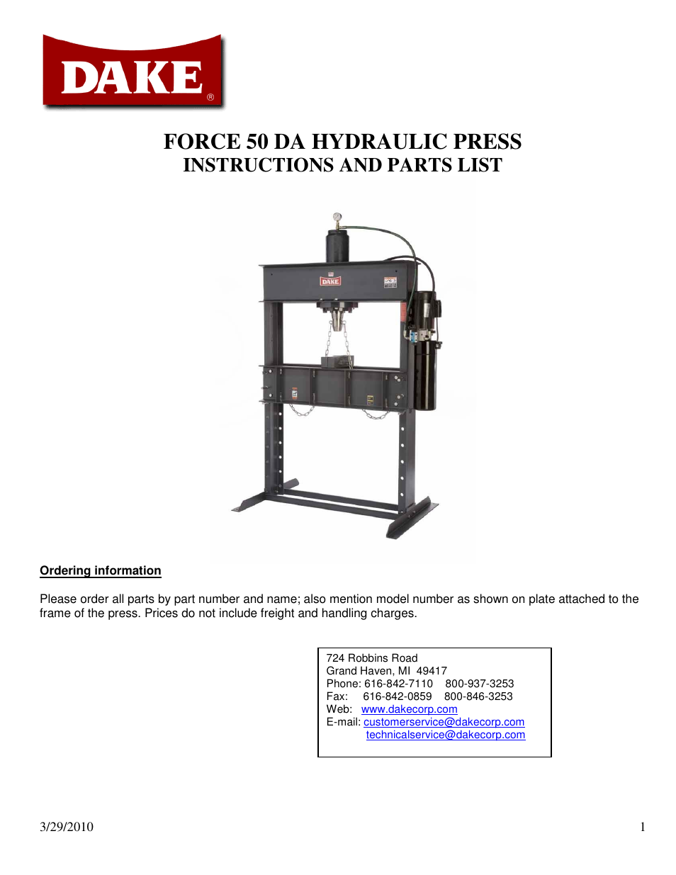 Dake Dura Press Force - 50 User Manual | 14 pages