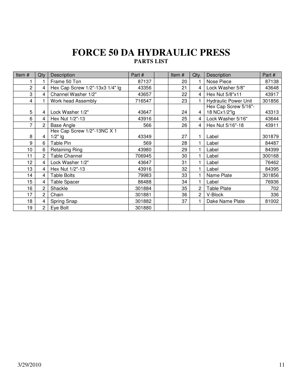 Force 50 da hydraulic press | Dake Dura Press Force - 50 User Manual | Page 11 / 14