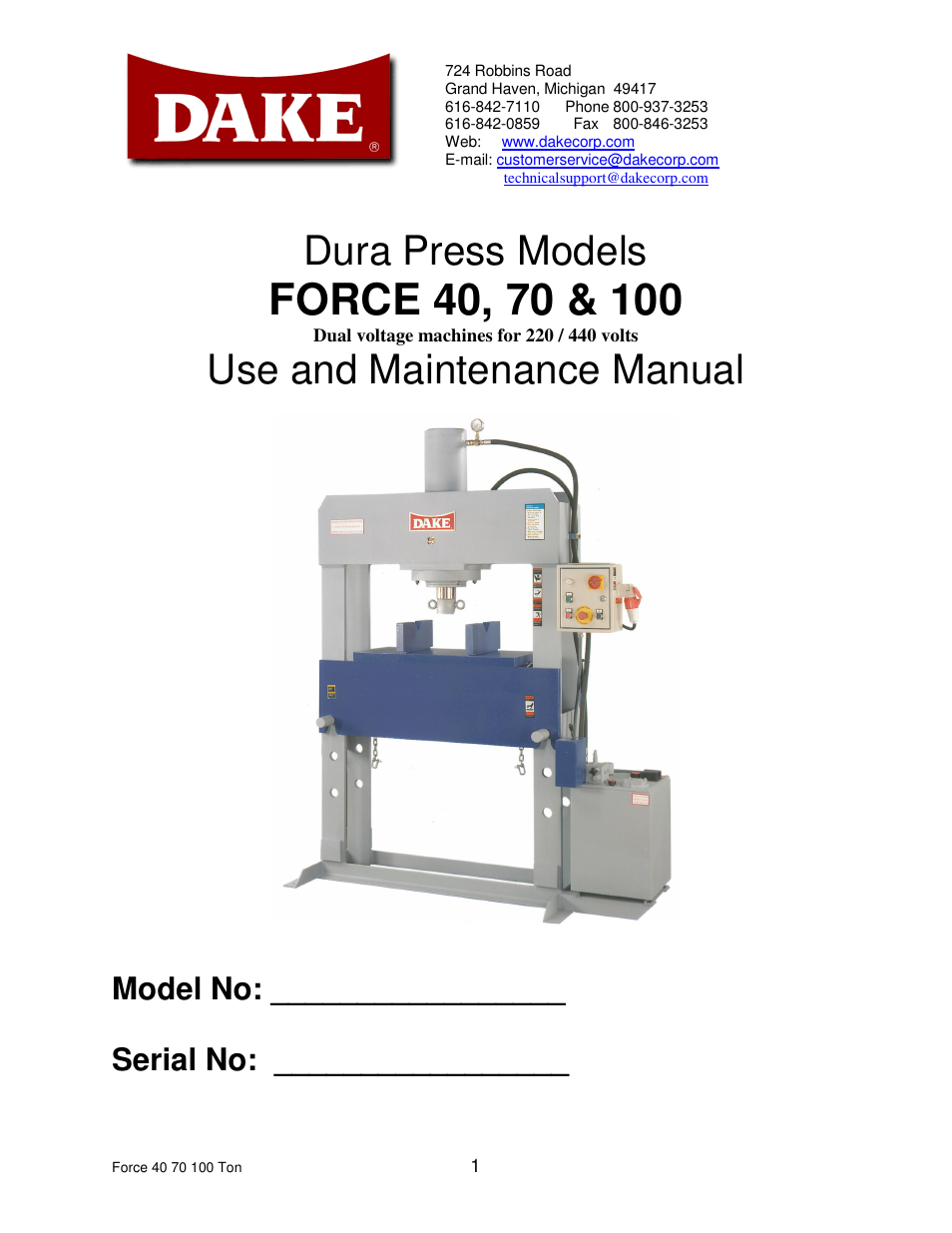 Dake Dura Press Force - 40/70/100 User Manual | 25 pages