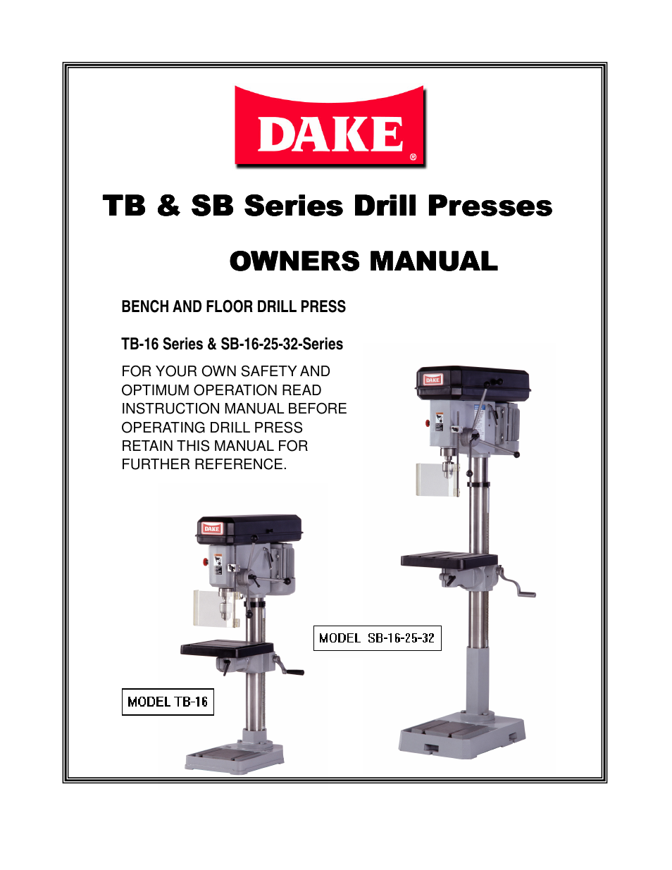 Dake Model TB-16 User Manual | 20 pages