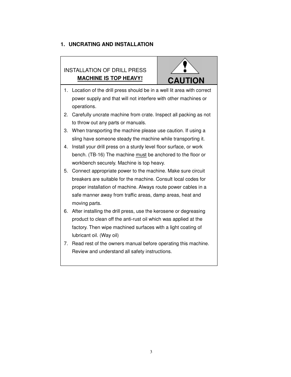 Caution | Dake Model TB-16 User Manual | Page 4 / 20