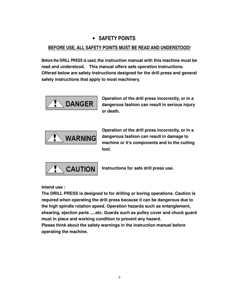 Safety points | Dake Model TB-16 User Manual | Page 5 / 20