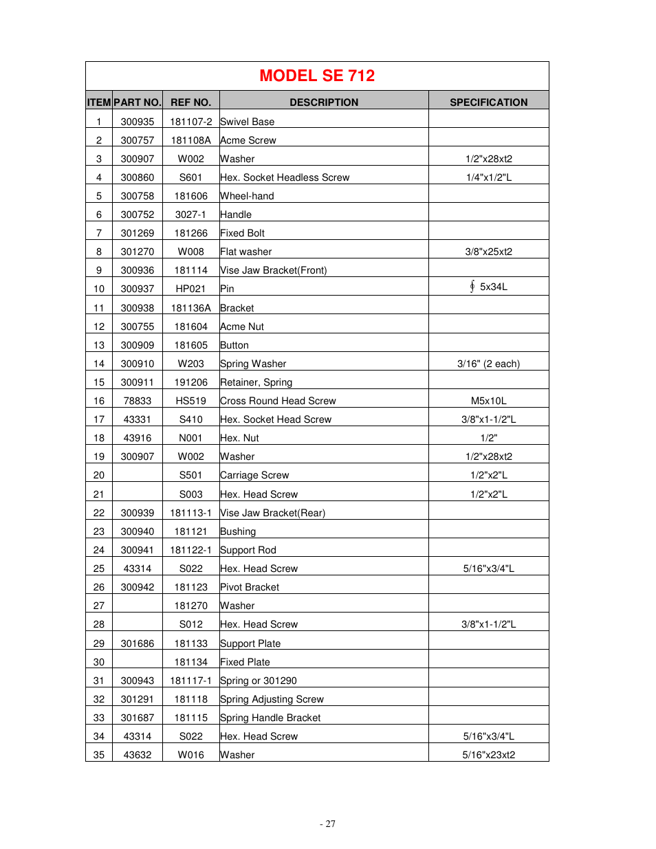 Model se 712 | Dake Model SE 712 User Manual | Page 28 / 35