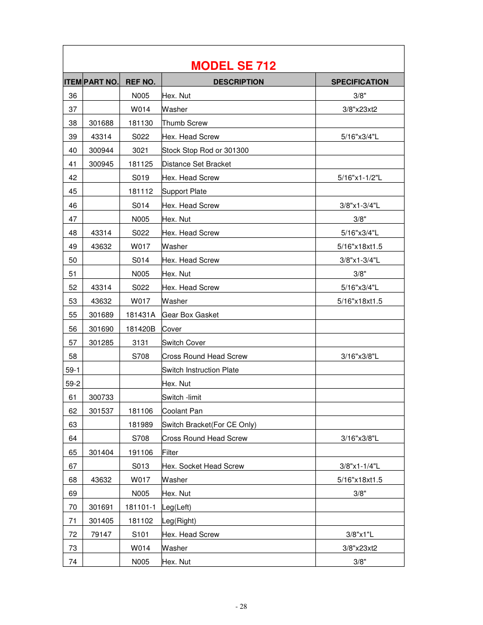 Model se 712 | Dake Model SE 712 User Manual | Page 29 / 35