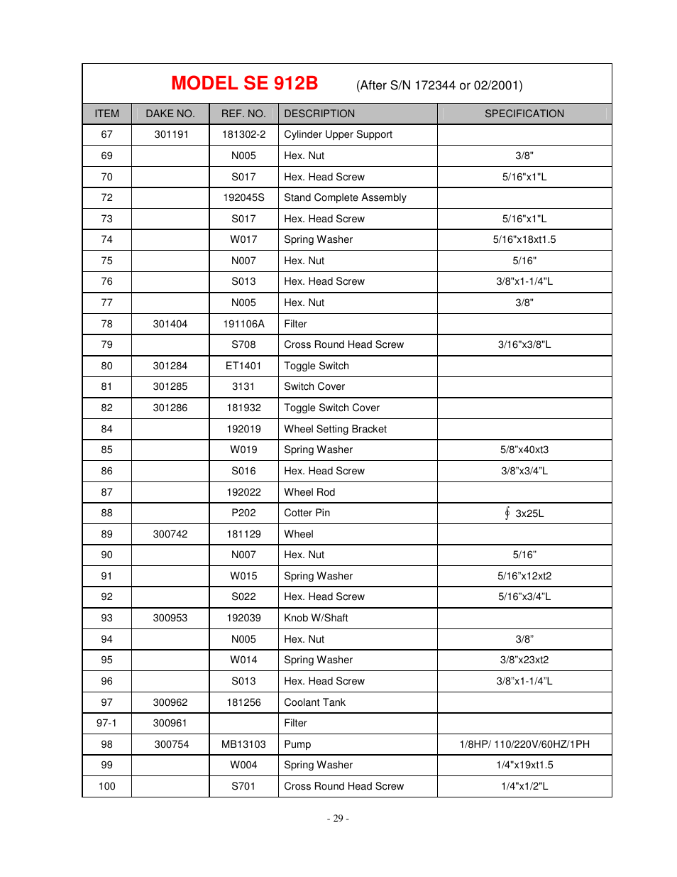 Model se 912b | Dake Model SE 912 User Manual | Page 29 / 34