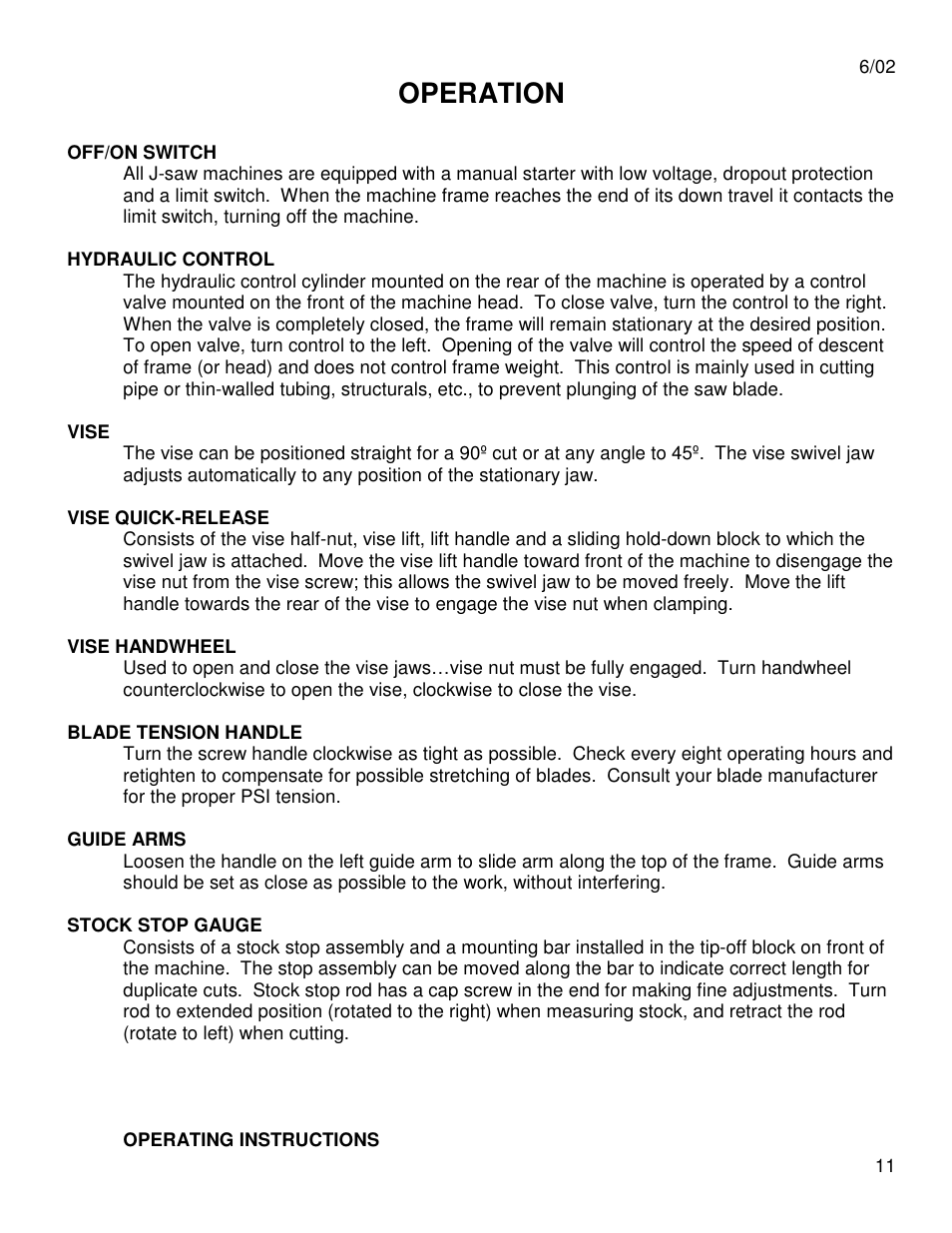 Operation | Dake Model Johnson J Saws User Manual | Page 11 / 26
