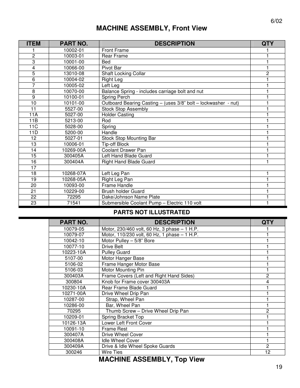 Machine assembly, front view, Machine assembly, top view | Dake Model Johnson J Saws User Manual | Page 19 / 26