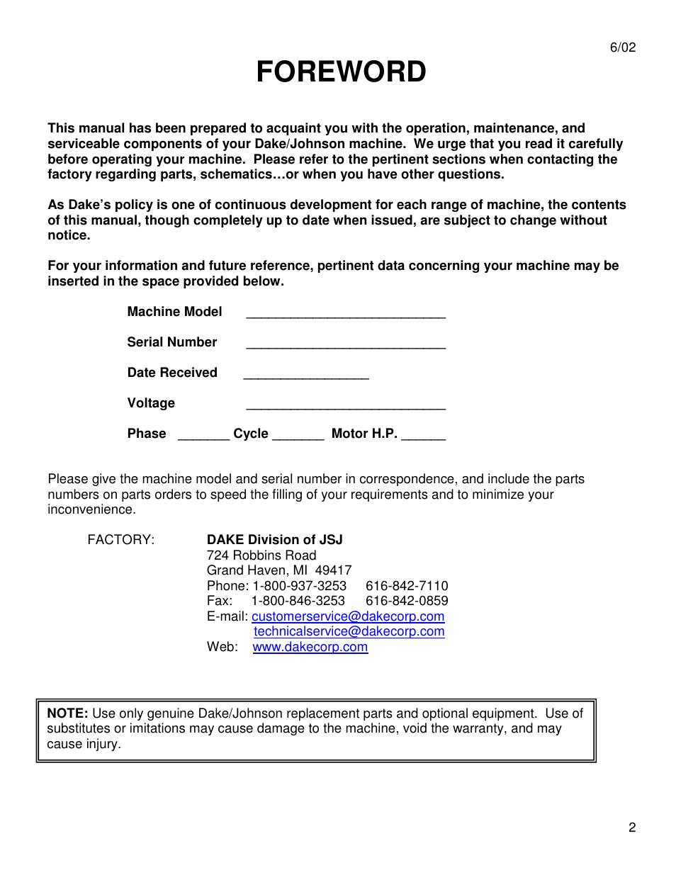 Foreword | Dake Model Johnson J Saws User Manual | Page 2 / 26