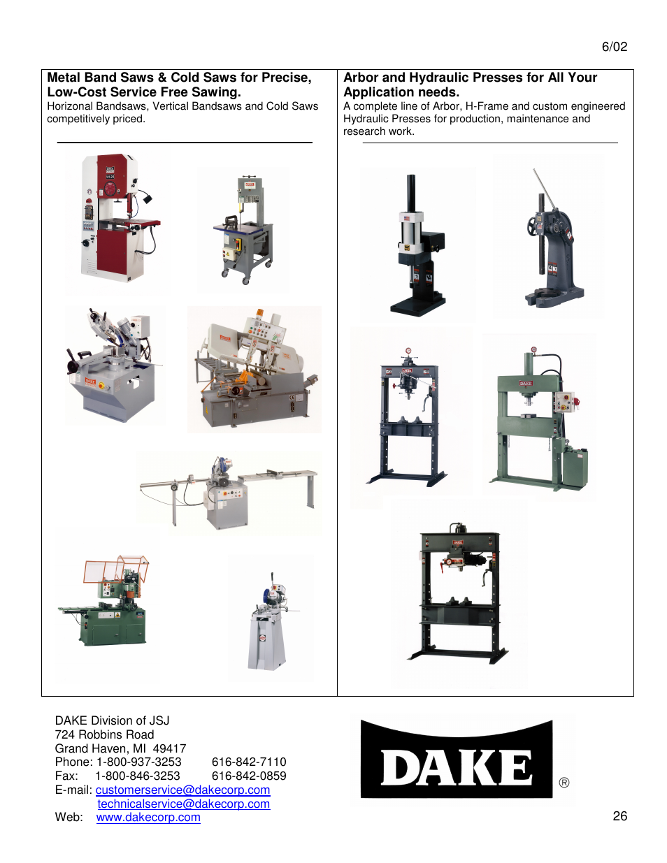 Dake Model Johnson J Saws User Manual | Page 26 / 26