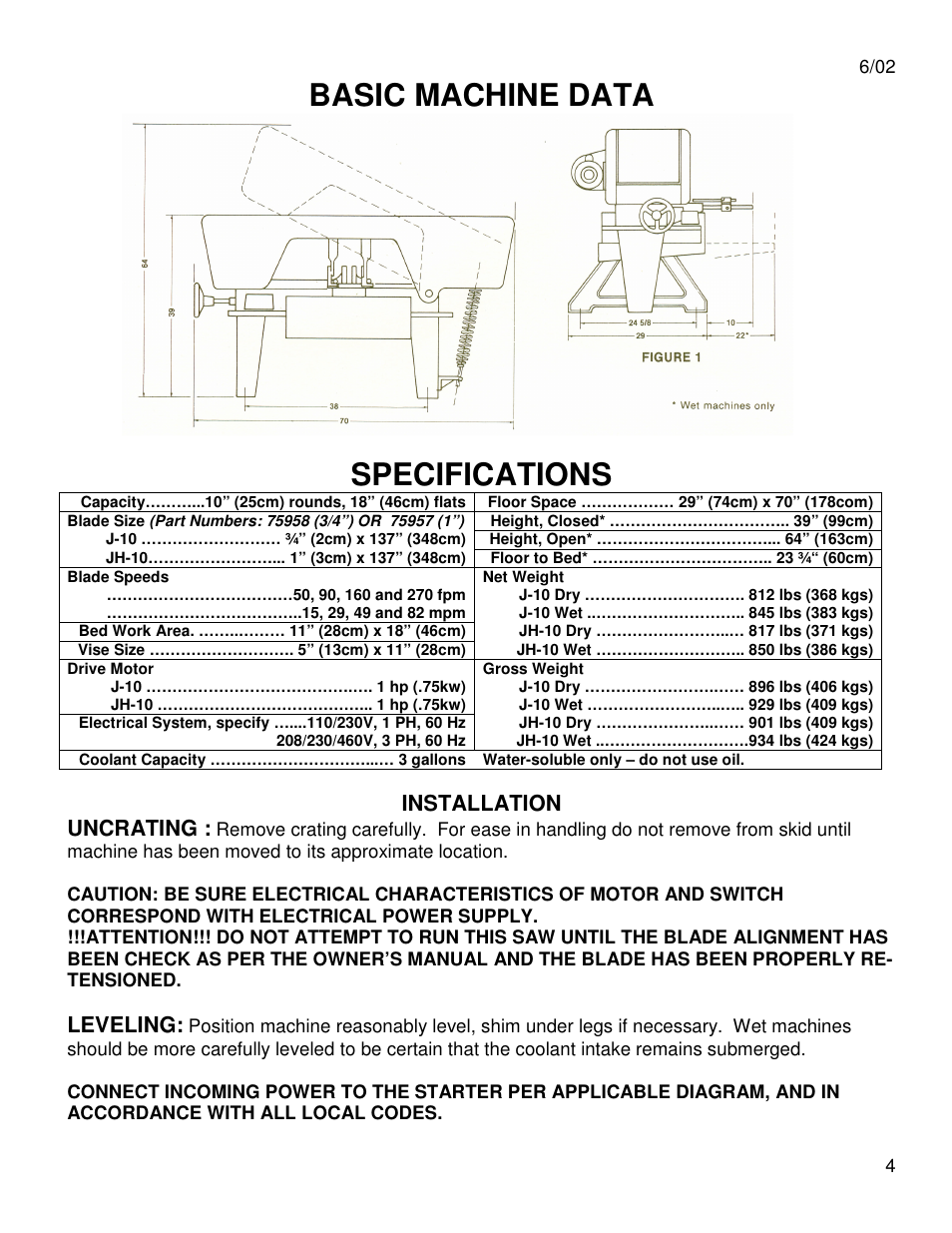 Basic machine data, Specifications, Installation uncrating | Leveling | Dake Model Johnson J Saws User Manual | Page 4 / 26