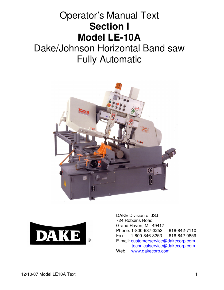 Dake Model LE10A User Manual | 24 pages