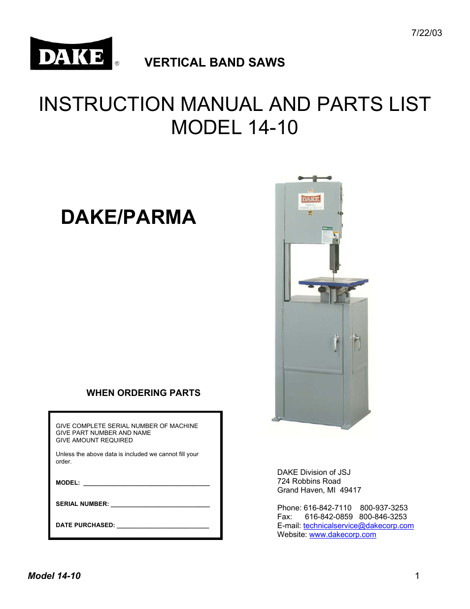 Dake Model 14-10 User Manual | 13 pages