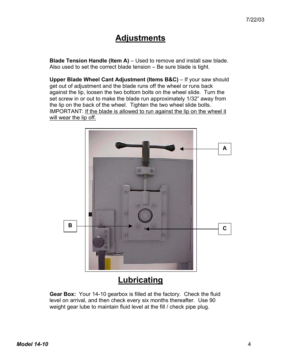 Adjustments, Lubricating | Dake Model 14-10 User Manual | Page 4 / 13