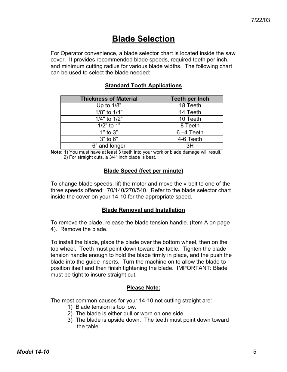 Blade selection | Dake Model 14-10 User Manual | Page 5 / 13