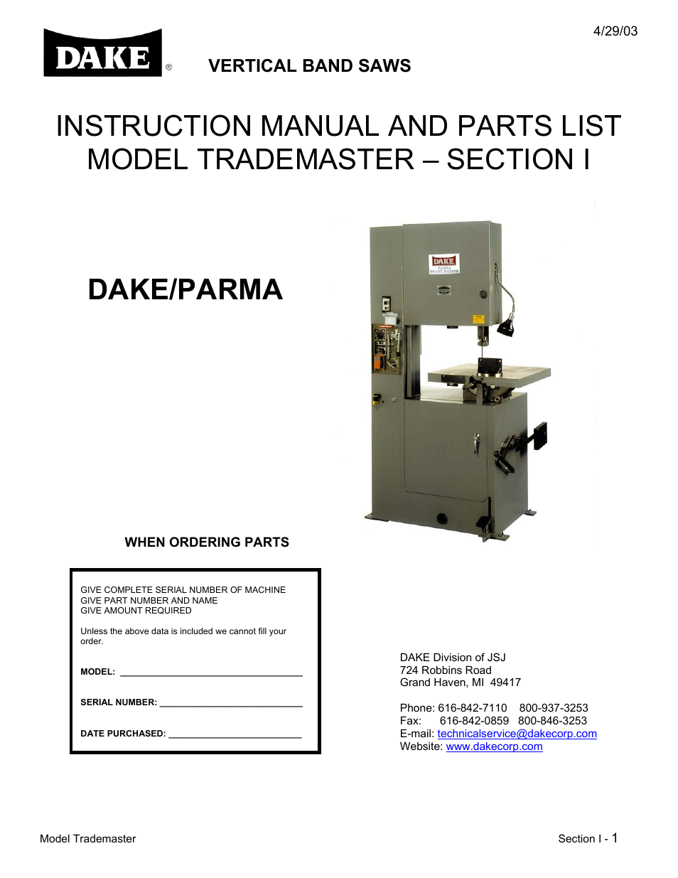 Dake Model Trademaster - Section I User Manual | 11 pages