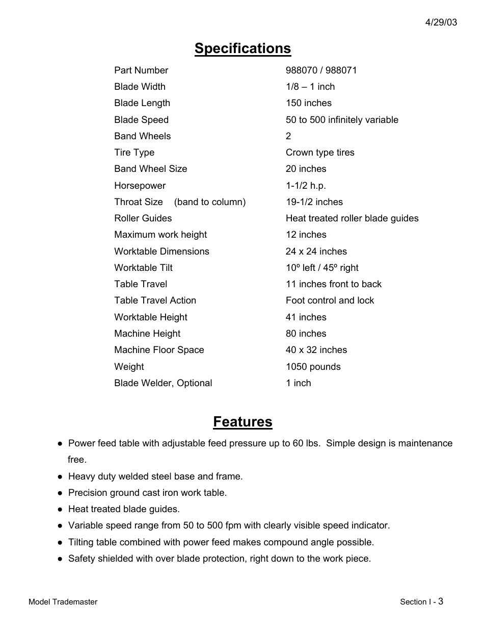 Specifications, Features | Dake Model Trademaster - Section I User Manual | Page 3 / 11