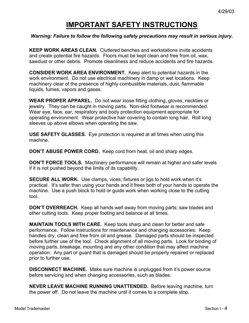 Important safety instructions | Dake Model Trademaster - Section I User Manual | Page 4 / 11