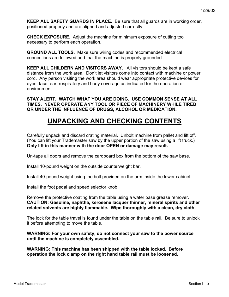 Unpacking and checking contents | Dake Model Trademaster - Section I User Manual | Page 5 / 11