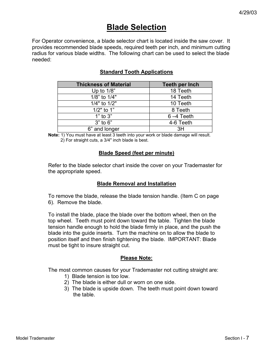 Blade selection | Dake Model Trademaster - Section I User Manual | Page 7 / 11