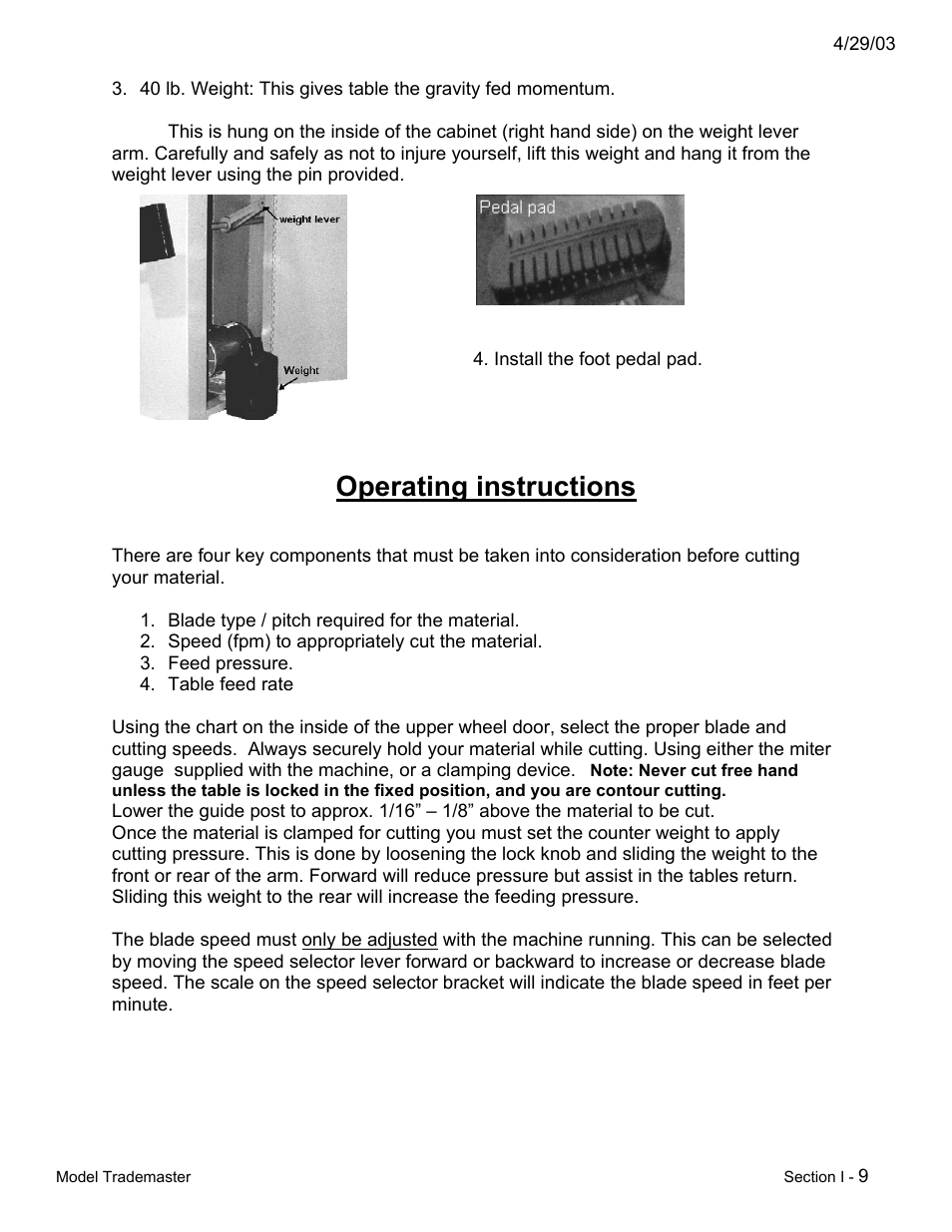 Operating instructions | Dake Model Trademaster - Section I User Manual | Page 9 / 11