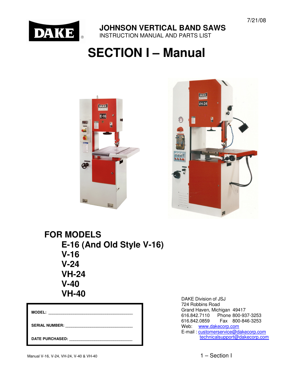 Dake Model E-V Series User Manual | 26 pages