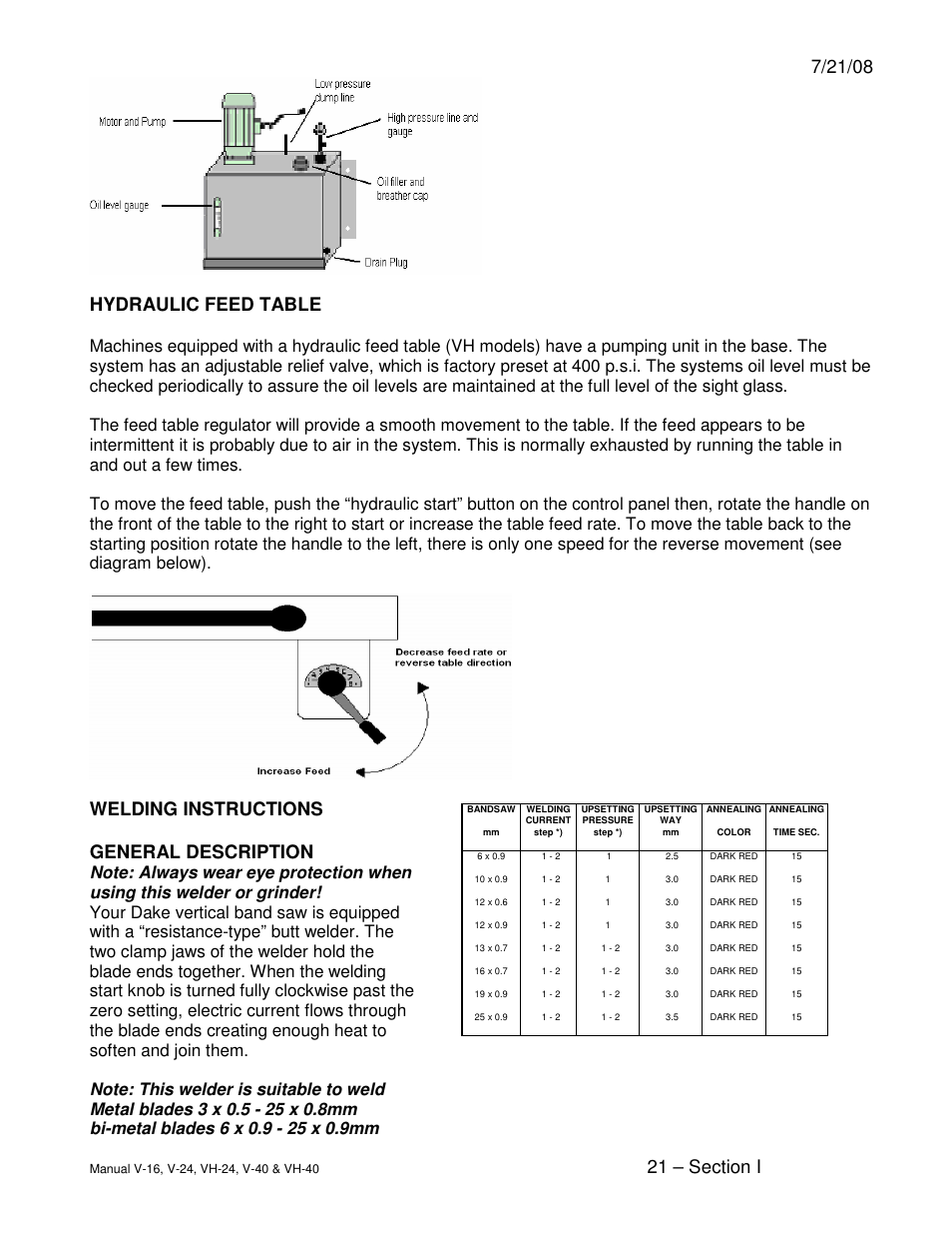 Hydraulic feed table, Welding instructions general description | Dake Model E-V Series User Manual | Page 21 / 26