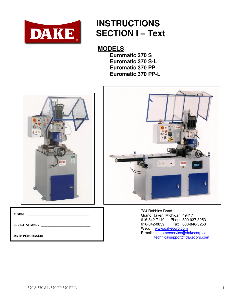 Dake Euromatic Series User Manual | 36 pages