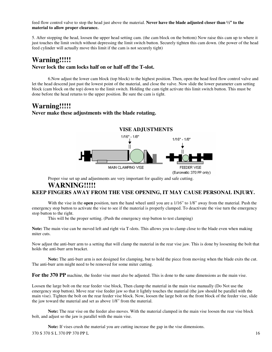 Warning | Dake Euromatic Series User Manual | Page 16 / 36